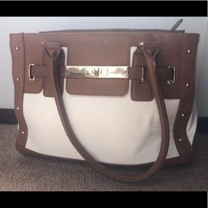 Ivory, tan and gold handbag